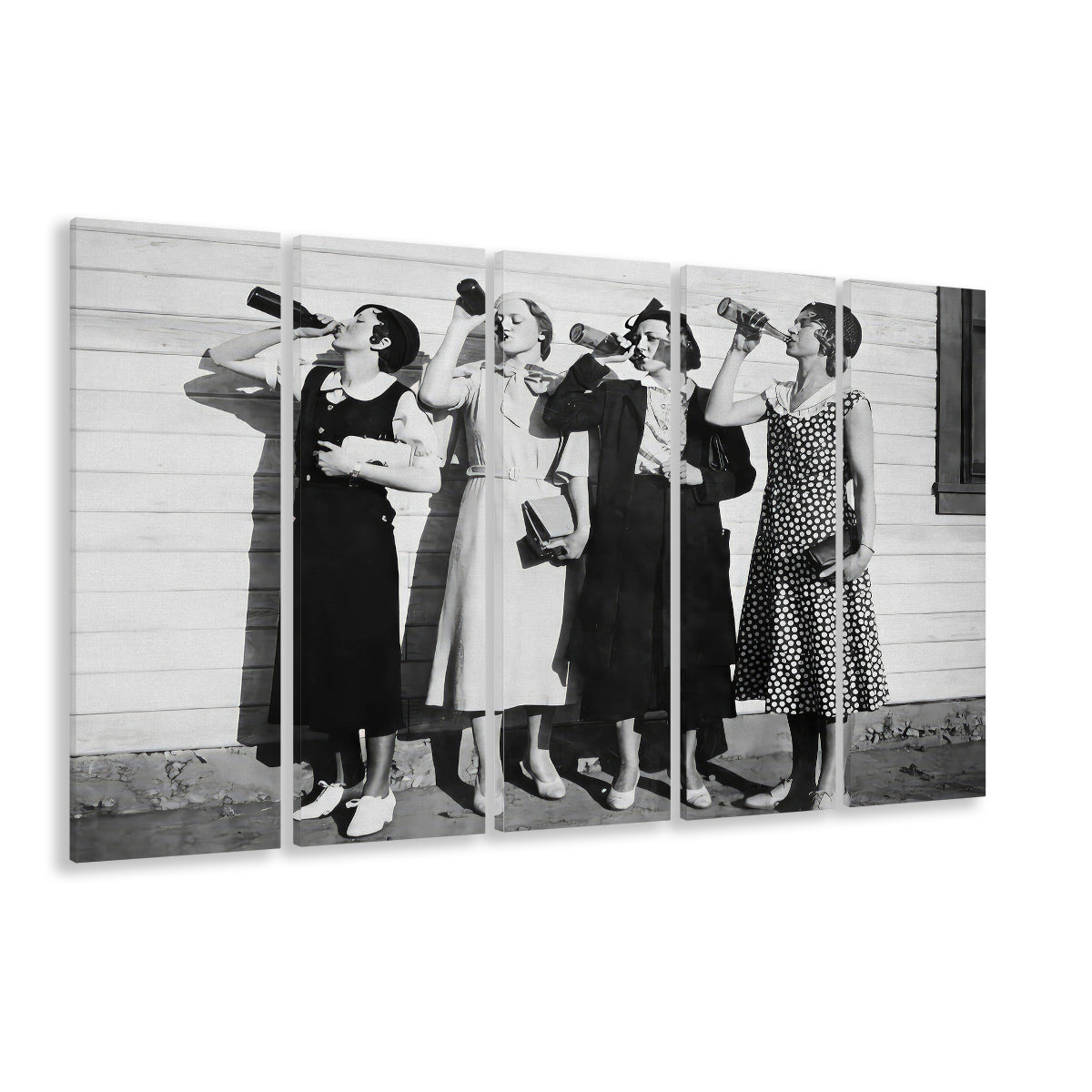 Vintage Women Drinking Beers 5 Panels Canvas Print Wall Art, Beer Drinkers Alcohol Black and White Print, Funny Wall Art