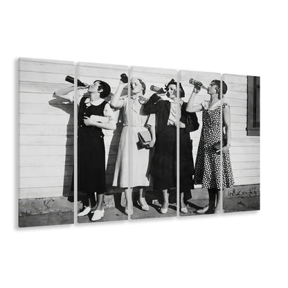 Vintage Women Drinking Beers 5 Panels Canvas Print Wall Art, Beer Drinkers Alcohol Black and White Print, Funny Wall Art
