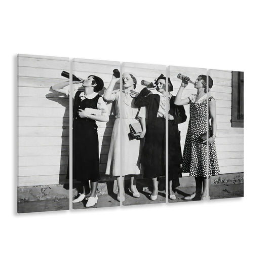 Vintage Women Drinking Beers 5 Panels Canvas Print Wall Art, Beer Drinkers Alcohol Black and White Print, Funny Wall Art