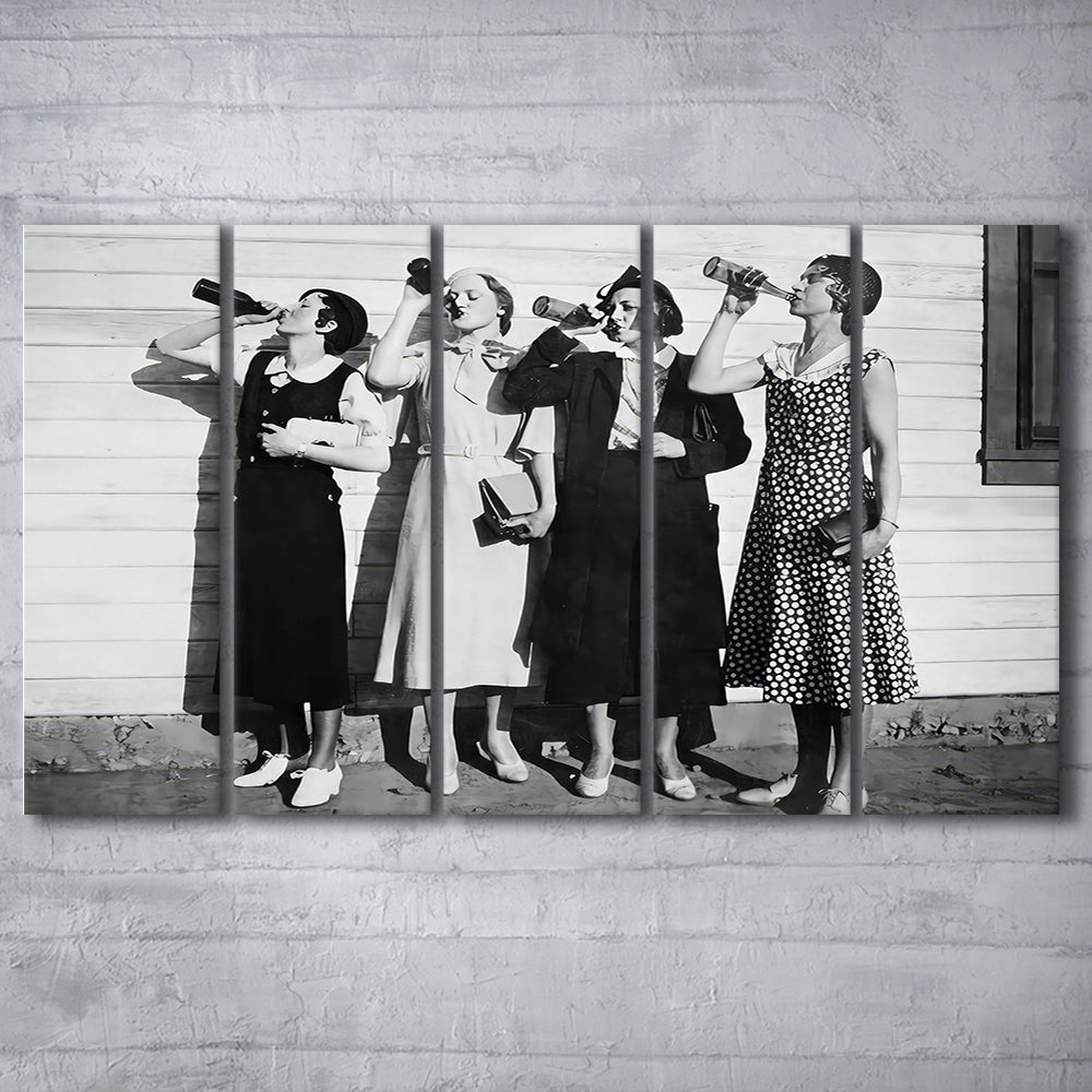 Vintage Women Drinking Beers 5 Panels Canvas Print Wall Art, Beer Drinkers Alcohol Black and White Print, Funny Wall Art