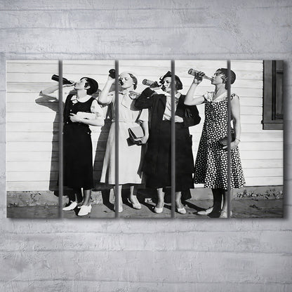 Vintage Women Drinking Beers 5 Panels Canvas Print Wall Art, Beer Drinkers Alcohol Black and White Print, Funny Wall Art