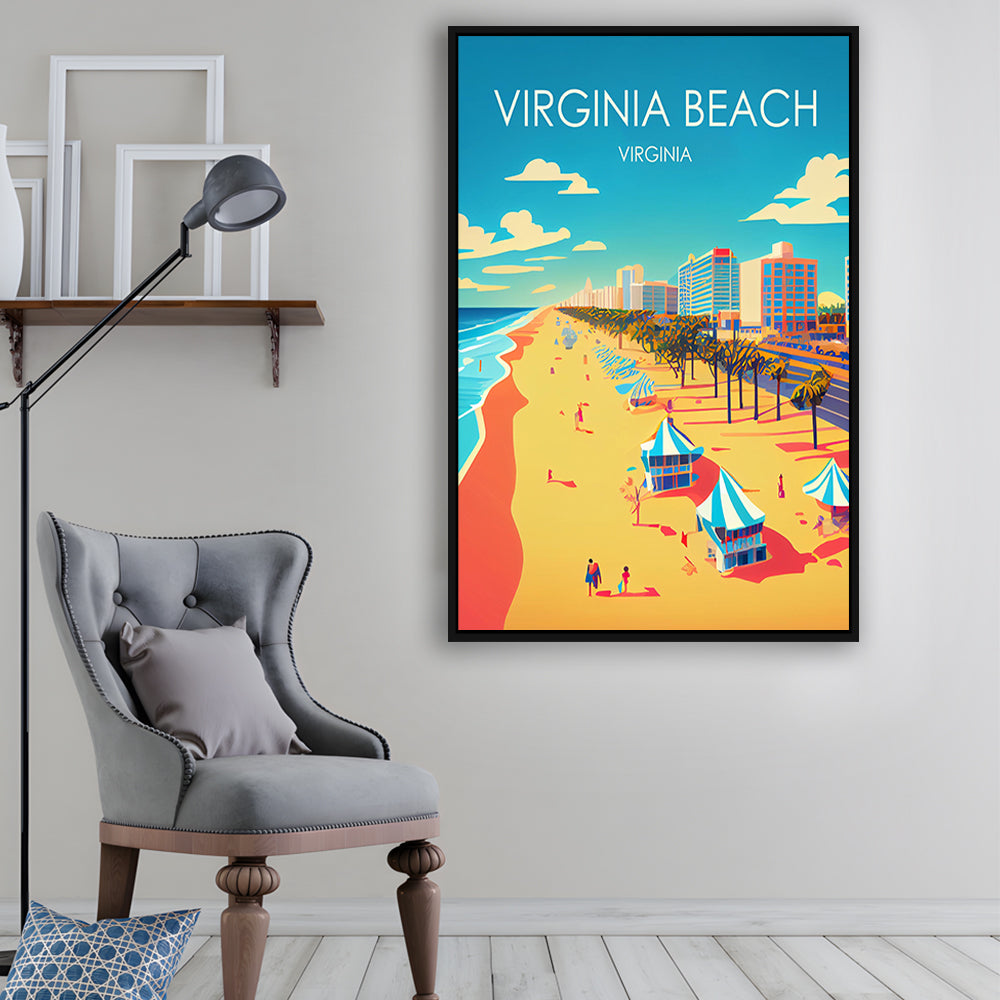 Virginia Beach Retro Art Print, Virginia Beach City Wall Art, Floating Framed Canvas Print, Framed Picture, Painting Canvas