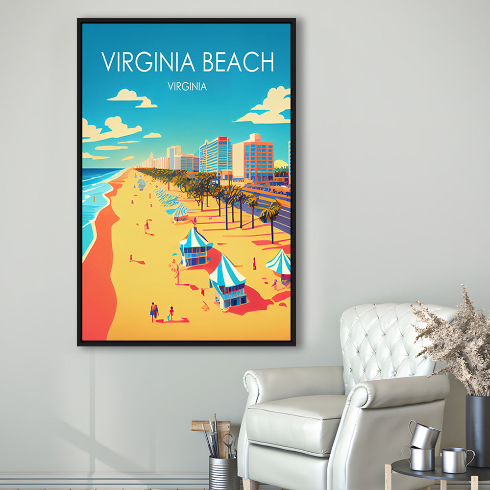 Virginia Beach Retro Art Print, Virginia Beach City Wall Art, Floating Framed Canvas Print, Framed Picture, Painting Canvas