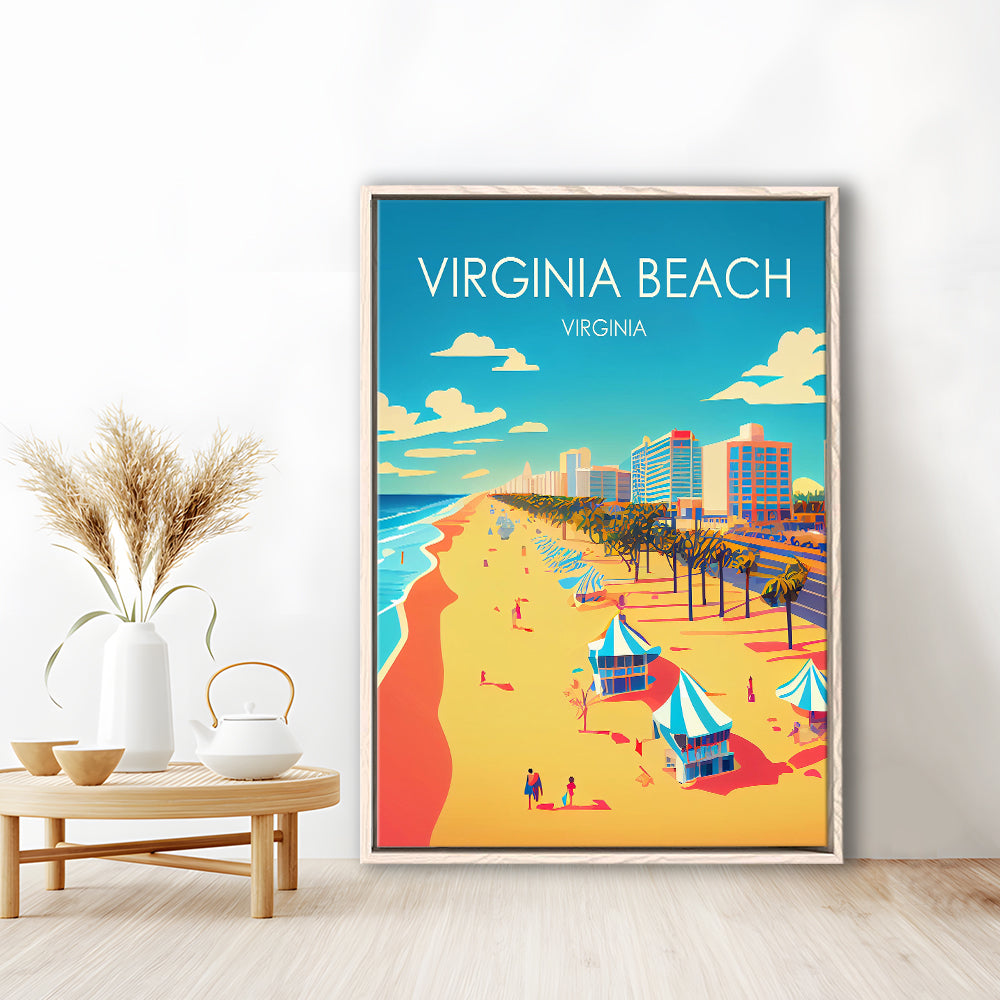 Virginia Beach Retro Art Print, Virginia Beach City Wall Art, Floating Framed Canvas Print, Framed Picture, Painting Canvas