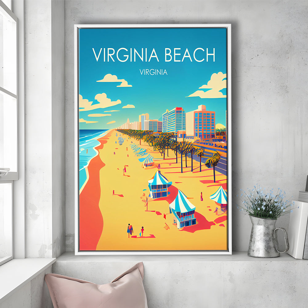 Virginia Beach Retro Art Print, Virginia Beach City Wall Art, Floating Framed Canvas Print, Framed Picture, Painting Canvas