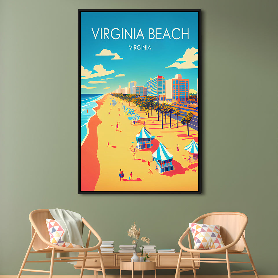 Virginia Beach Retro Art Print, Virginia Beach City Wall Art, Floating Framed Canvas Print, Framed Picture, Painting Canvas