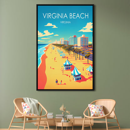 Virginia Beach Retro Art Print, Virginia Beach City Wall Art, Floating Framed Canvas Print, Framed Picture, Painting Canvas