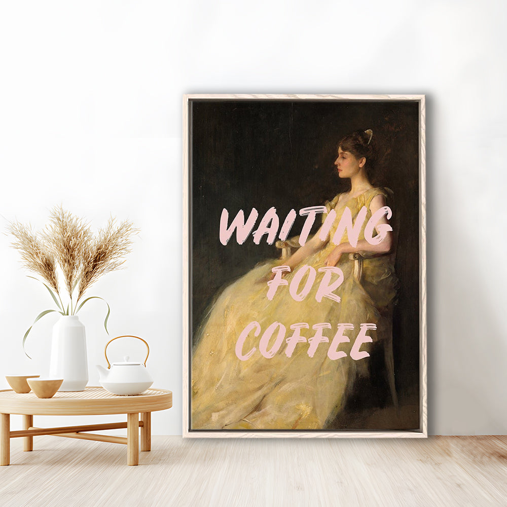 Waiting For Coffee Wall Art Print, Altered Art, Quote Print, Bedroom Print, Pink Print, Framed Canvas Prints Wall Art