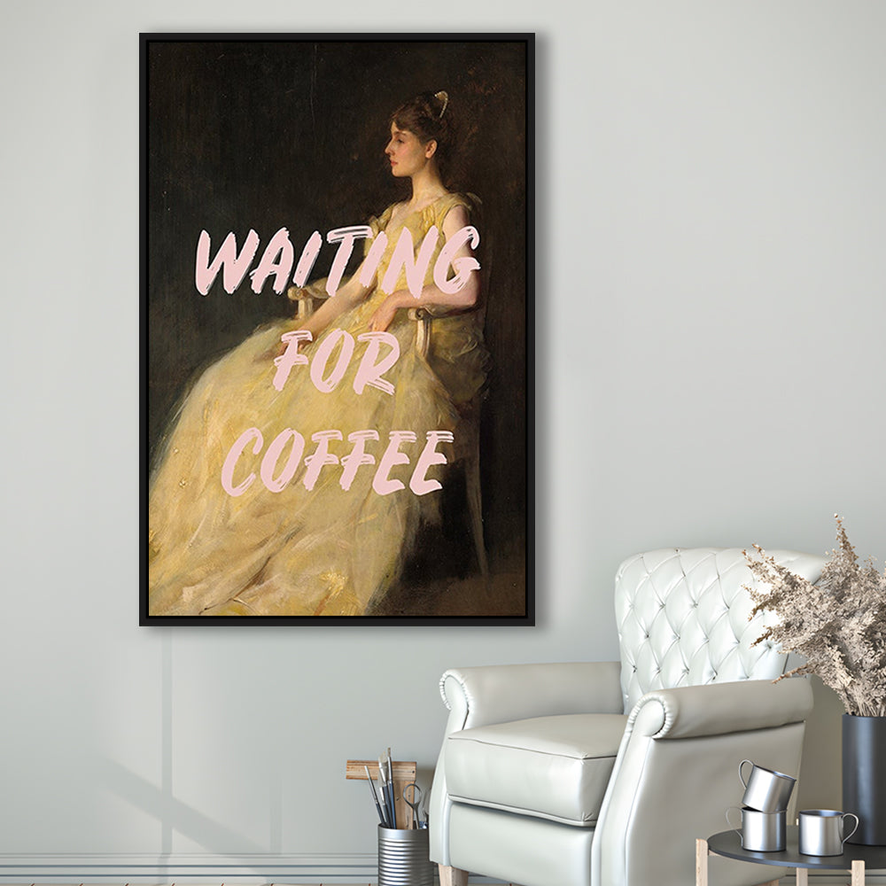 Waiting For Coffee Wall Art Print, Altered Art, Quote Print, Bedroom Print, Pink Print, Framed Canvas Prints Wall Art