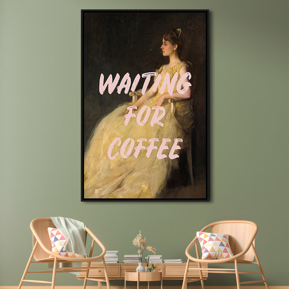 Waiting For Coffee Wall Art Print, Altered Art, Quote Print, Bedroom Print, Pink Print, Framed Canvas Prints Wall Art