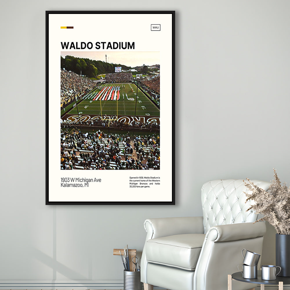 Waldo Stadium Print, Western Michigan Broncos Stadium Canvas Art, Man Cave Gift, Floating Framed Canvas Print Wall Art