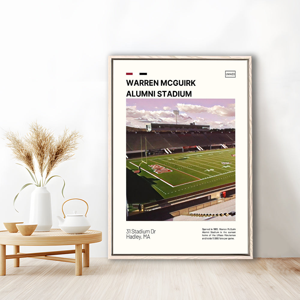 Warren McGuirk Alumni Stadium Print, UMass Minutemen Stadium Art, Man Cave Gift, Floating Framed Canvas Print Wall Art