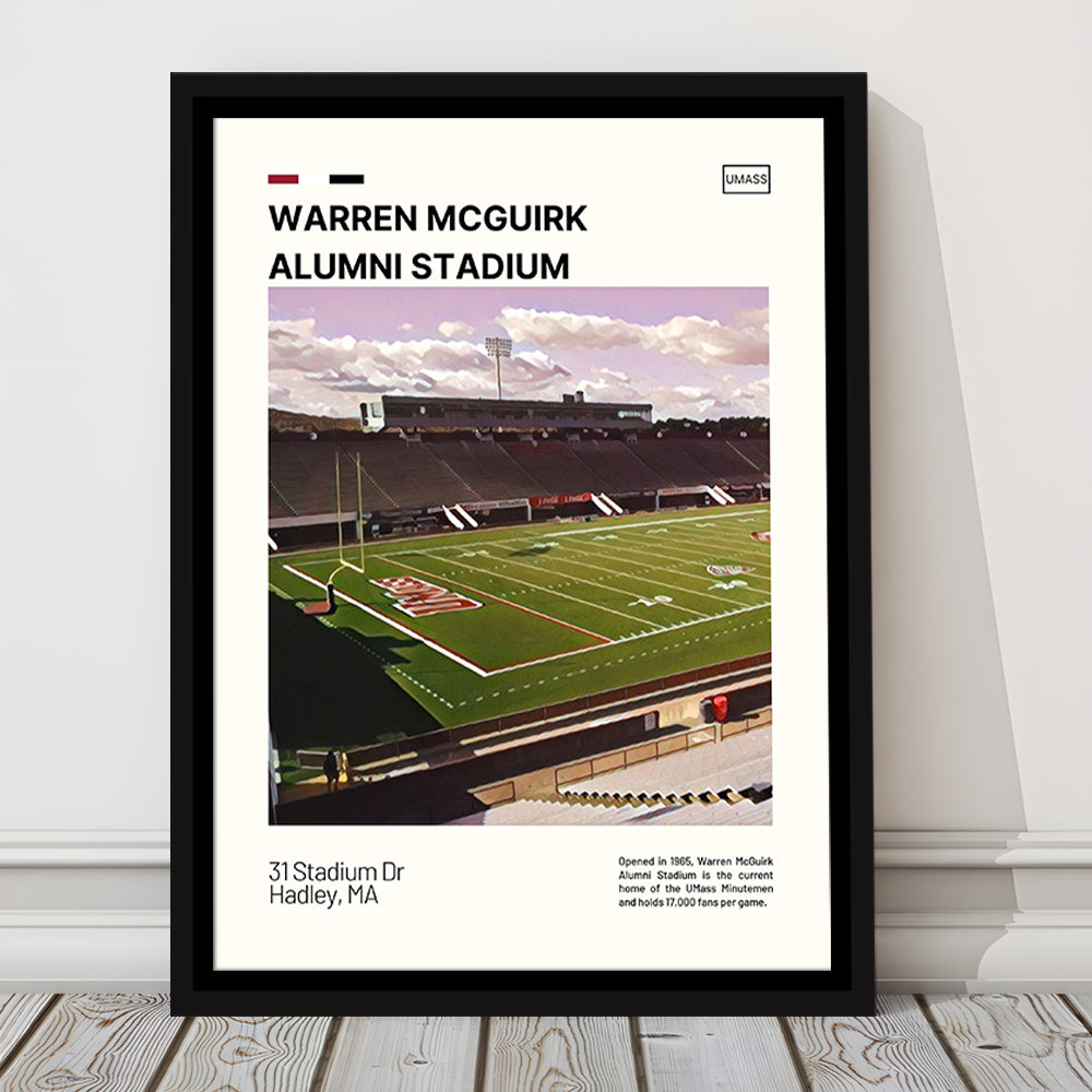 Warren McGuirk Alumni Stadium Print, UMass Minutemen Stadium Art, Man Cave Gift, Floating Framed Canvas Print Wall Art