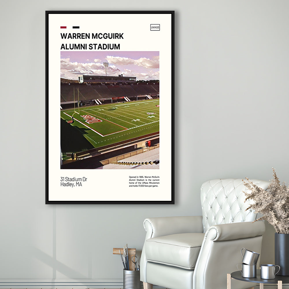Warren McGuirk Alumni Stadium Print, UMass Minutemen Stadium Art, Man Cave Gift, Floating Framed Canvas Print Wall Art
