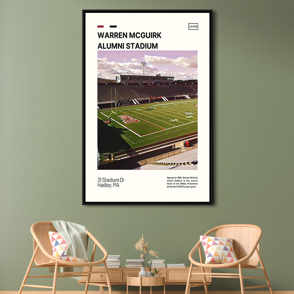 Warren McGuirk Alumni Stadium Print, UMass Minutemen Stadium Art, Man Cave Gift, Floating Framed Canvas Print Wall Art