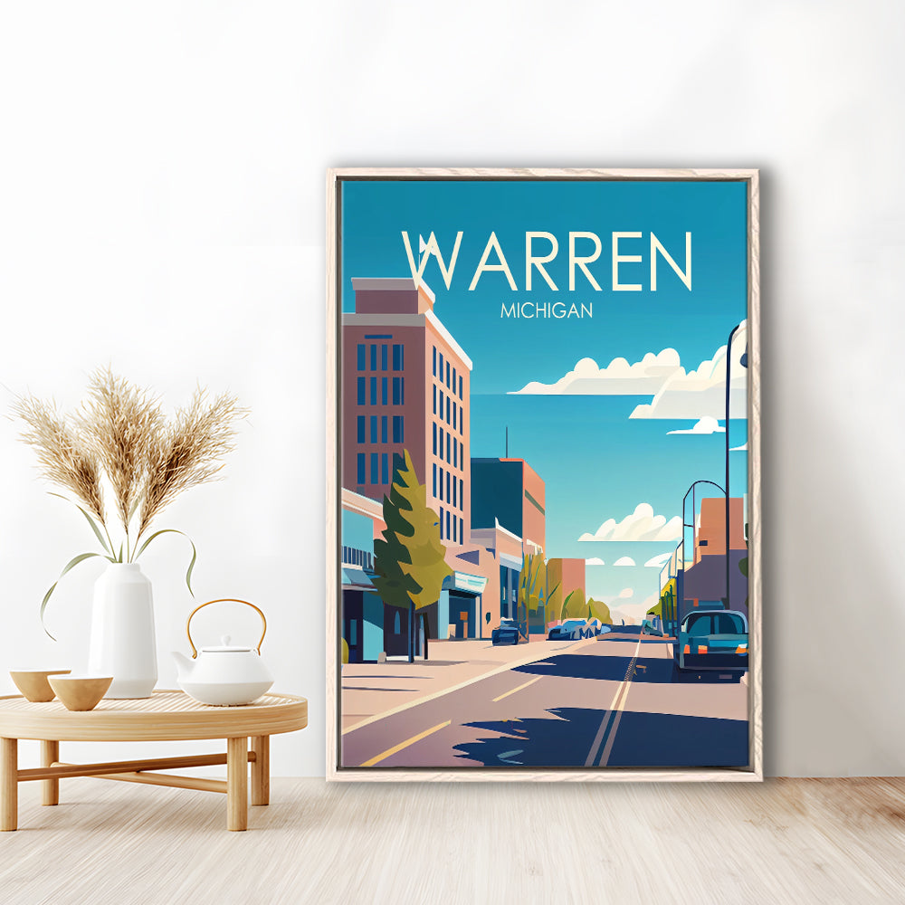 Warren Michigan Retro Art Print, Warren City Wall Art, Floating Framed Canvas Print, Framed Picture, Painting Canvas