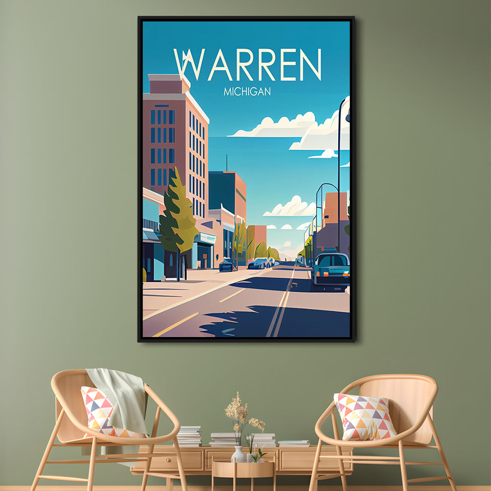 Warren Michigan Retro Art Print, Warren City Wall Art, Floating Framed Canvas Print, Framed Picture, Painting Canvas