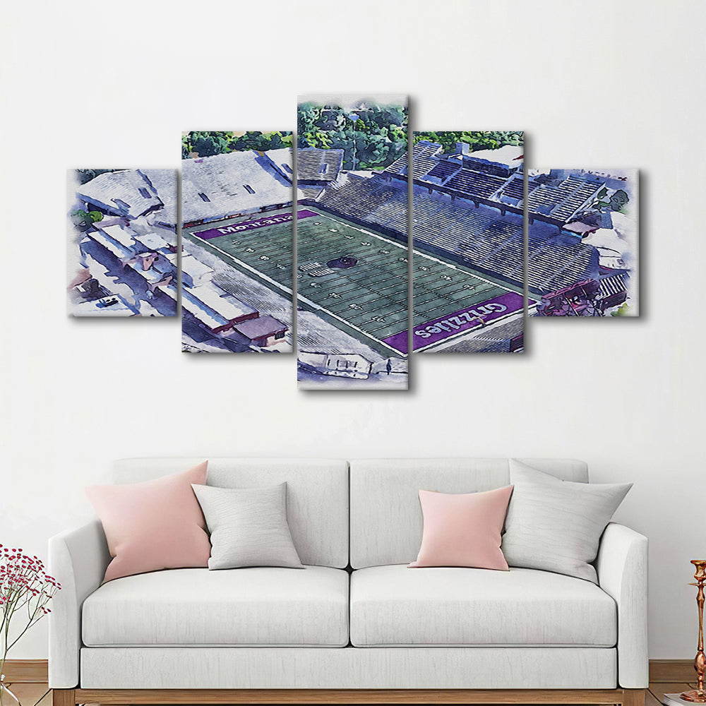 Washington-Grizzly Painting Stadium Watercolor, Missoula Montana, Sport Art, Mixed 5 Panel, Canvas Print Wall Art