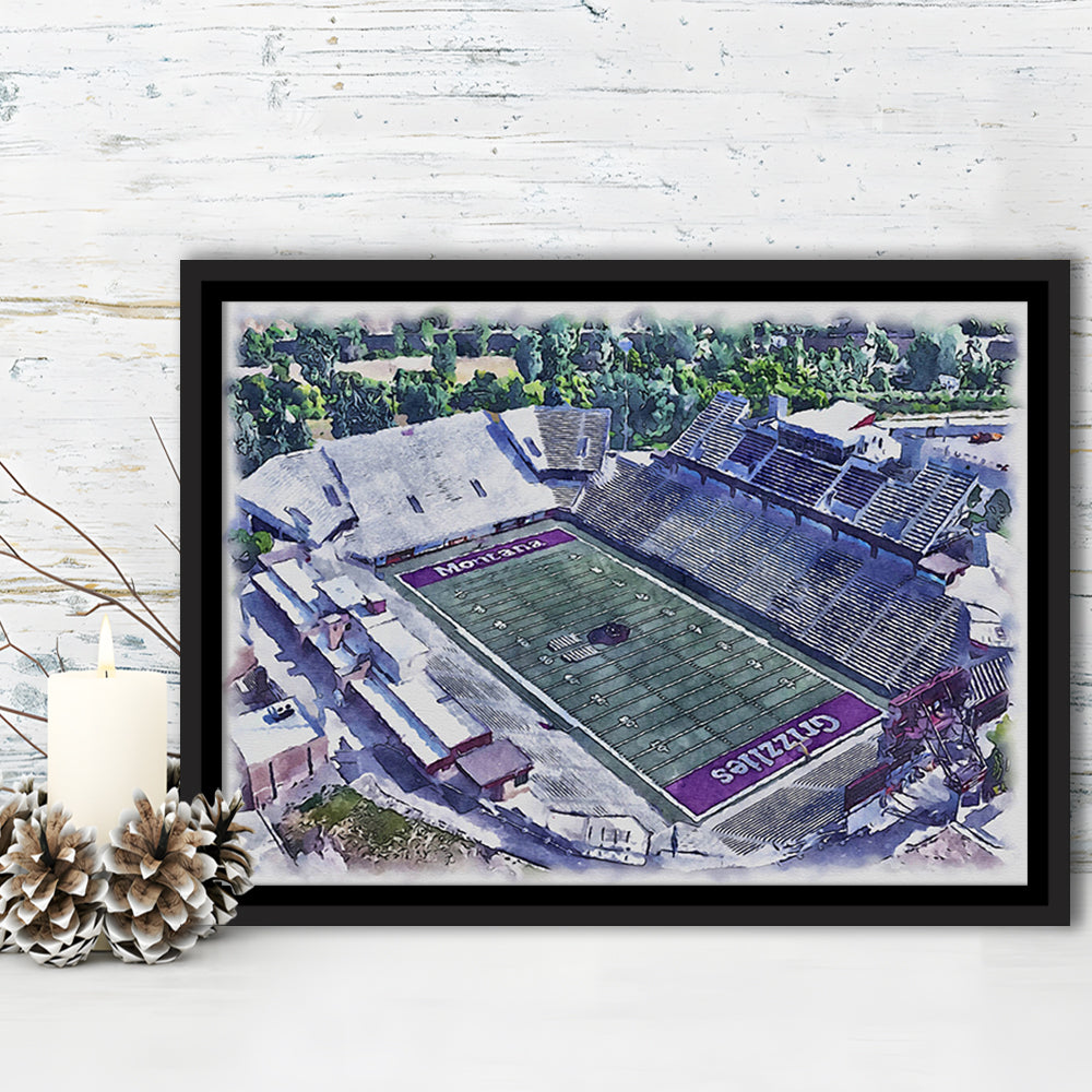 Washington-Grizzly Painting Stadium Watercolor, Missoula Montana, Sport Gift Art, Framed Canvas Print Wall Art