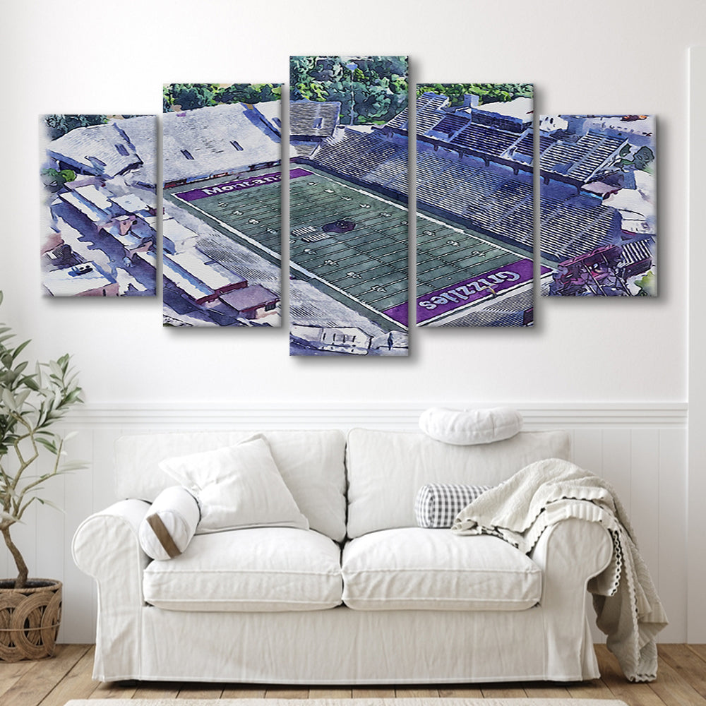 Washington-Grizzly Painting Stadium Watercolor, Missoula Montana, Sport Art, Mixed 5 Panel, Canvas Print Wall Art