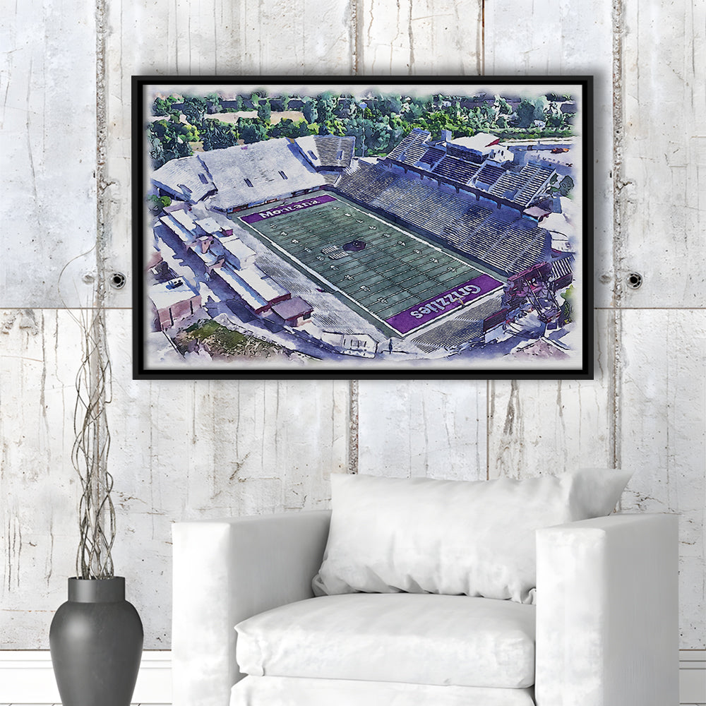 Washington-Grizzly Painting Stadium Watercolor, Missoula Montana, Sport Gift Art, Framed Canvas Print Wall Art