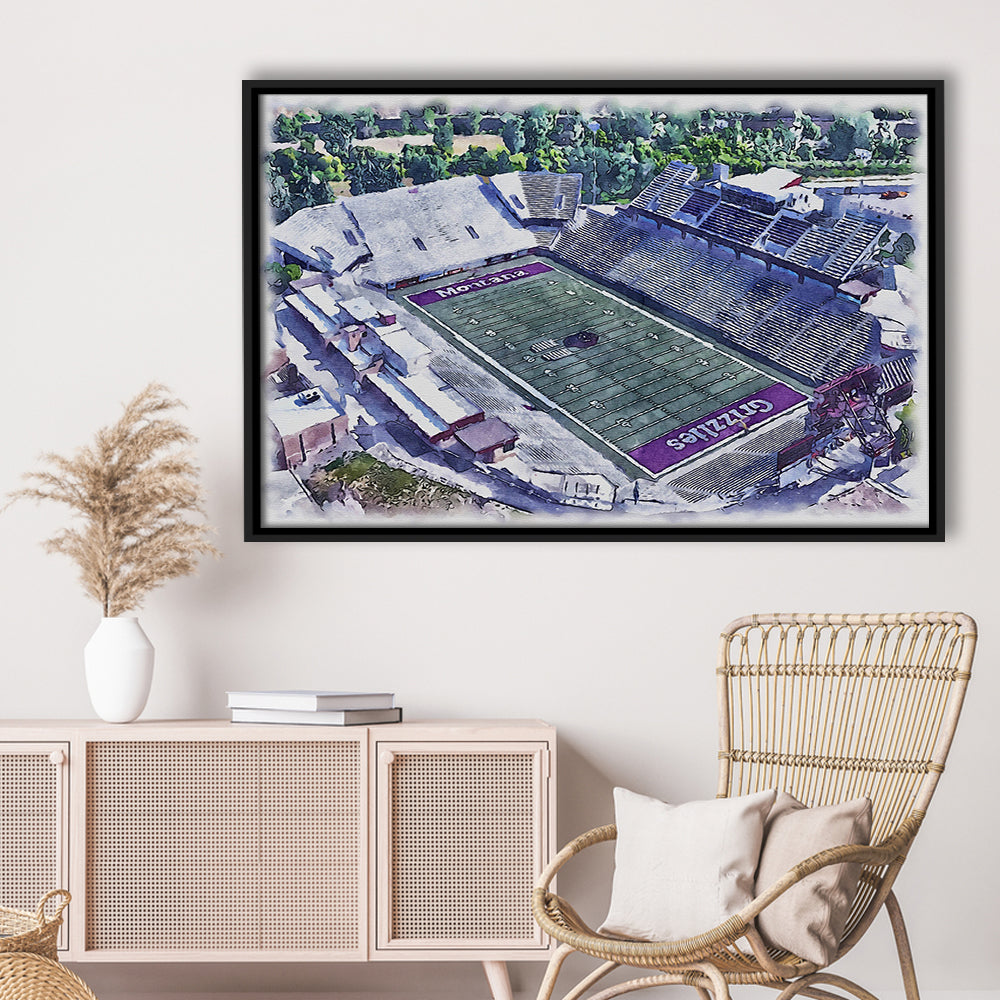 Washington-Grizzly Painting Stadium Watercolor, Missoula Montana, Sport Gift Art, Framed Canvas Print Wall Art