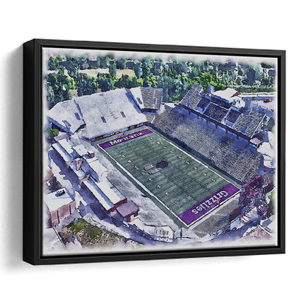 Washington-Grizzly Painting Stadium Watercolor, Missoula Montana, Sport Gift Art, Framed Canvas Print Wall Art
