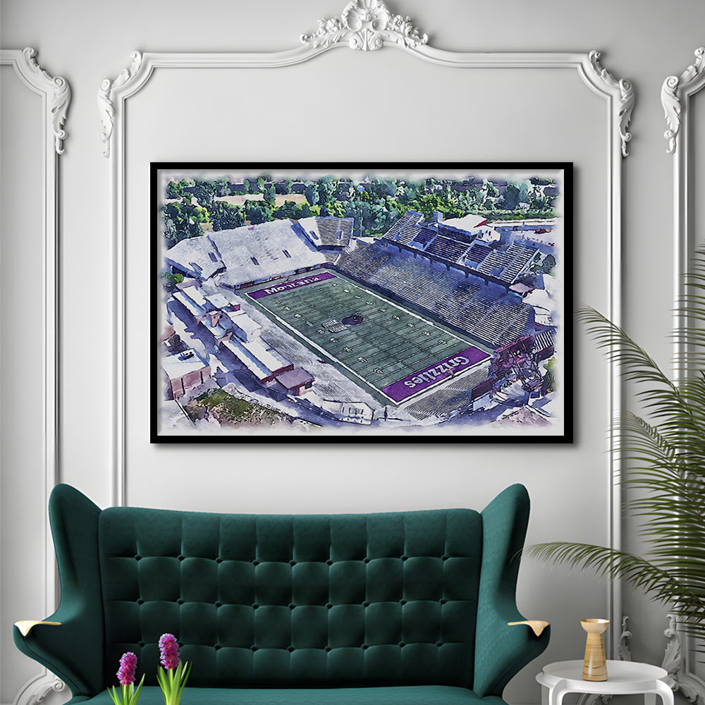 Washington-Grizzly Painting Stadium Watercolor, Missoula Montana Watercolor, Sport Gift Art, Framed Art Print Wall Decor