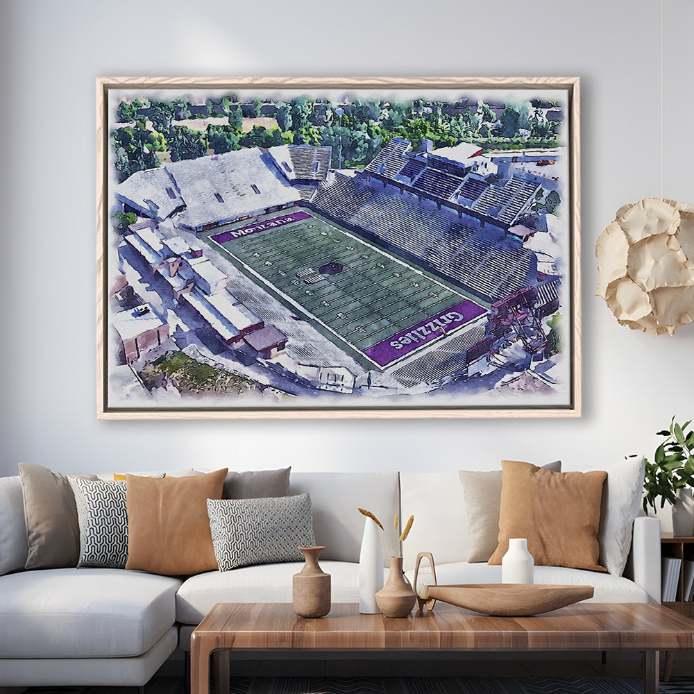 Washington-Grizzly Painting Stadium Watercolor, Missoula Montana, Sport Gift Art, Framed Canvas Print Wall Art