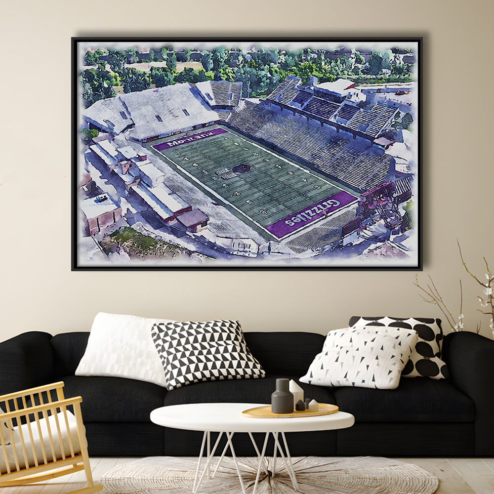 Washington-Grizzly Painting Stadium Watercolor, Missoula Montana, Sport Gift Art, Framed Canvas Print Wall Art