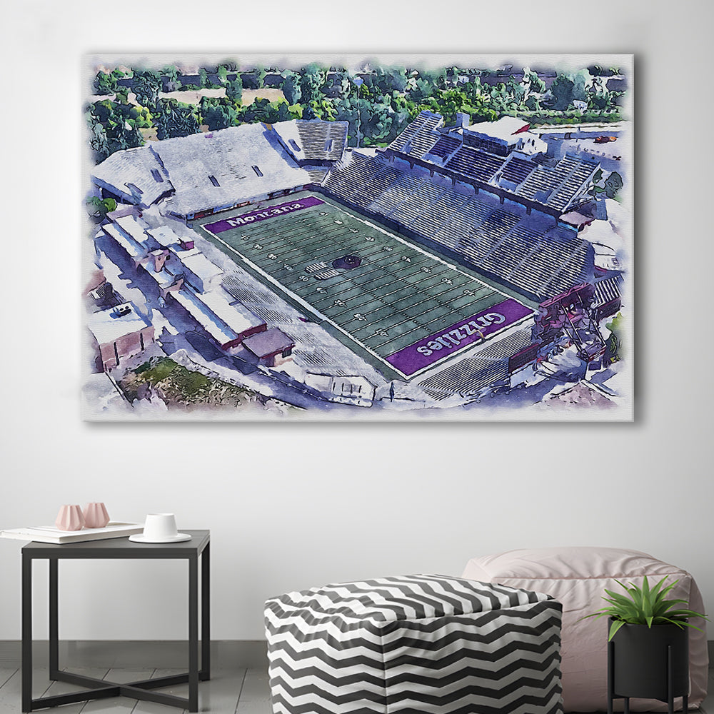 Washington-Grizzly Painting Stadium Watercolor, Missoula Montana, Sport Art, Gifts for him, Canvas Print Wall Art