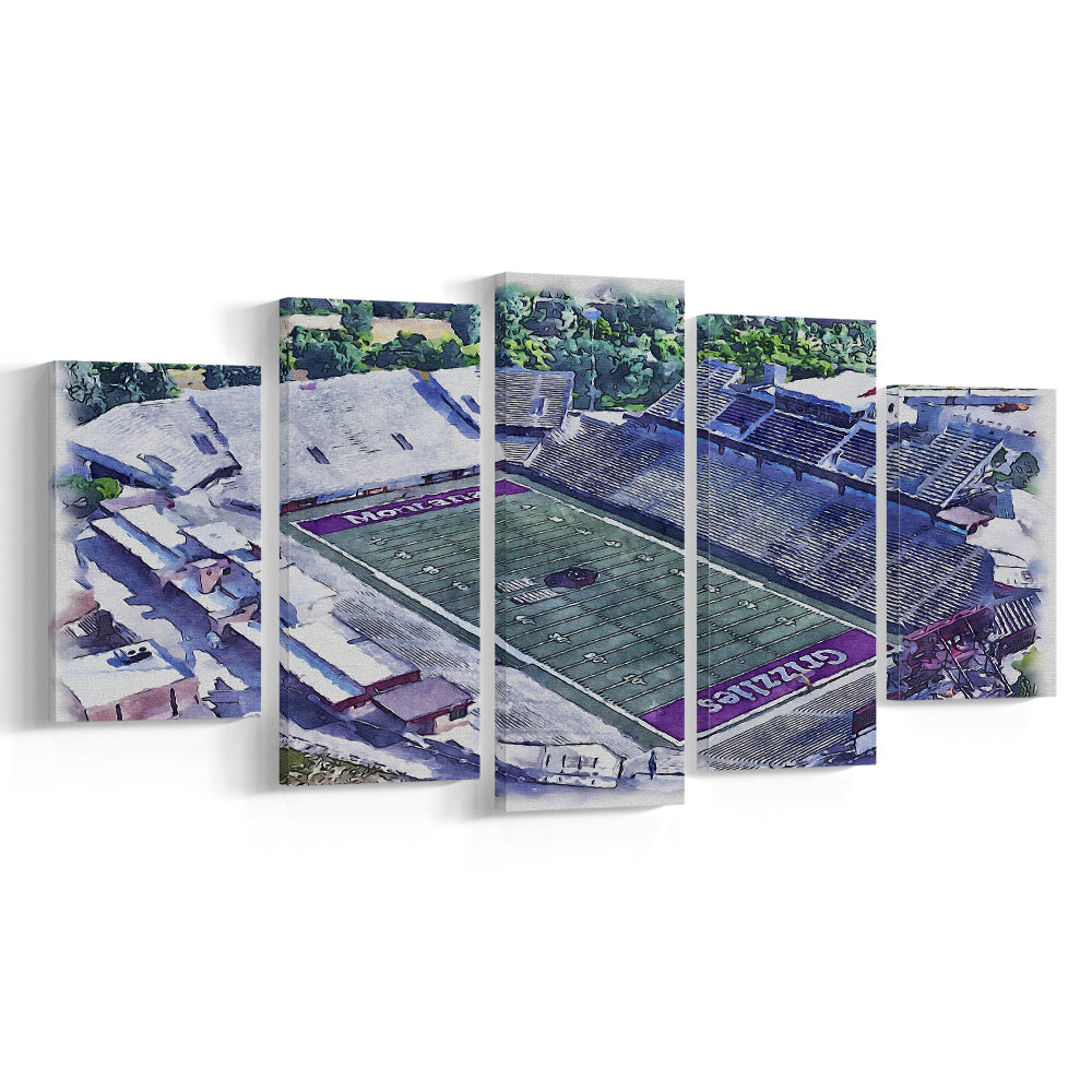 Washington-Grizzly Painting Stadium Watercolor, Missoula Montana, Sport Art, Mixed 5 Panel, Canvas Print Wall Art