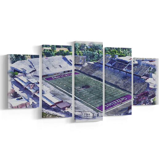 Washington-Grizzly Painting Stadium Watercolor, Missoula Montana, Sport Art, Mixed 5 Panel, Canvas Print Wall Art