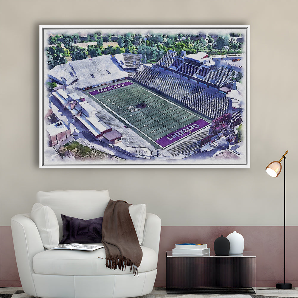 Washington-Grizzly Painting Stadium Watercolor, Missoula Montana, Sport Gift Art, Framed Canvas Print Wall Art