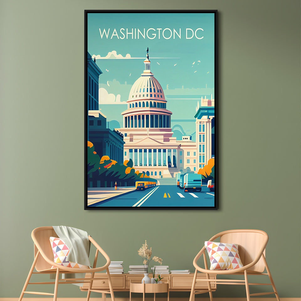 Washington DC Retro Art Print, Washington DC City Wall Art, Floating Framed Canvas Print, Framed Picture, Painting Canvas