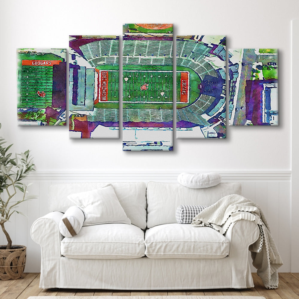 Washington State Cougars, Martin Painting Stadium Watercolor, Sport Art, Mixed 5 Panel, Canvas Print Wall Art