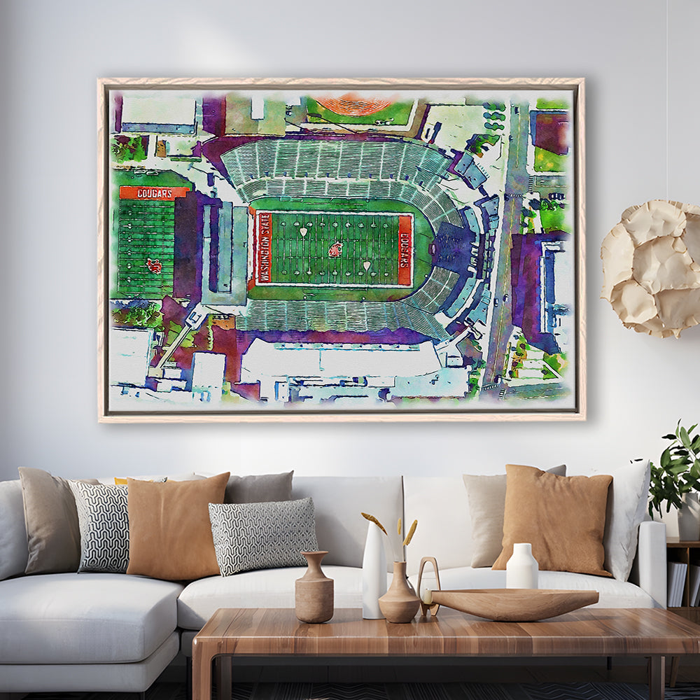 Washington State Cougars, Martin Painting Stadium Watercolor, Sport Gift Art, Framed Canvas Print Wall Art