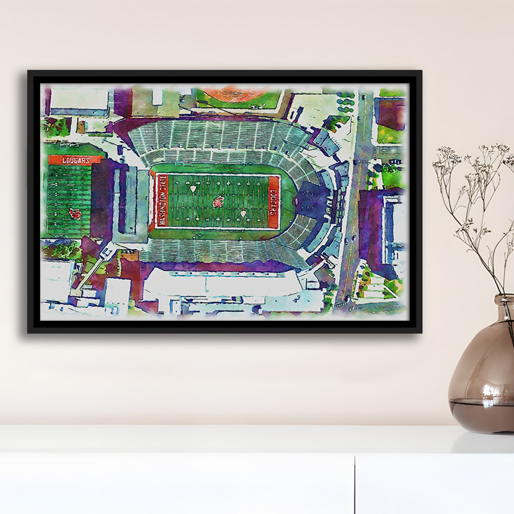 Washington State Cougars, Martin Painting Stadium Watercolor, Sport Gift Art, Framed Canvas Print Wall Art