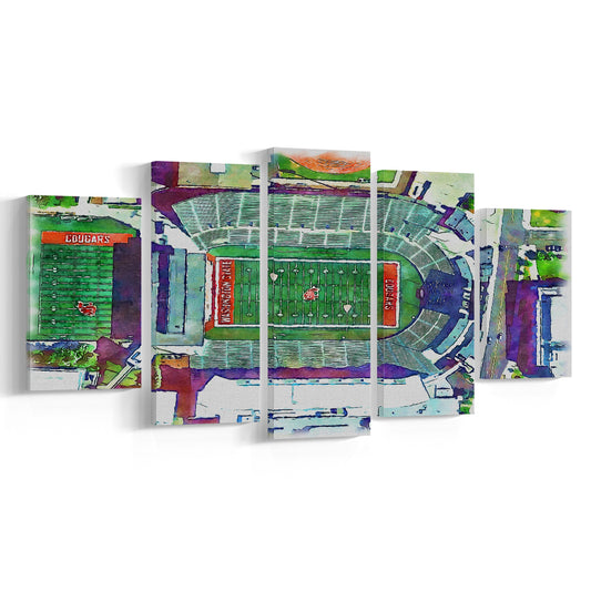 Washington State Cougars, Martin Painting Stadium Watercolor, Sport Art, Mixed 5 Panel, Canvas Print Wall Art