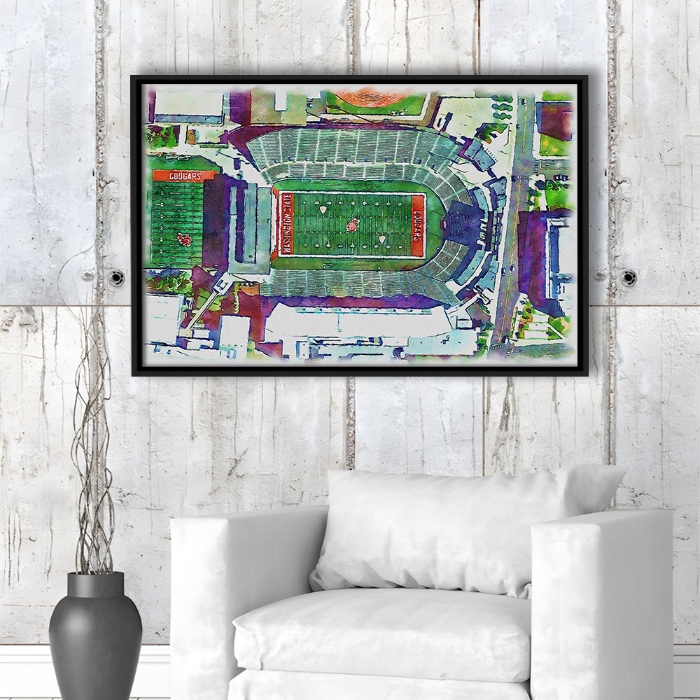 Washington State Cougars, Martin Painting Stadium Watercolor, Sport Gift Art, Framed Canvas Print Wall Art
