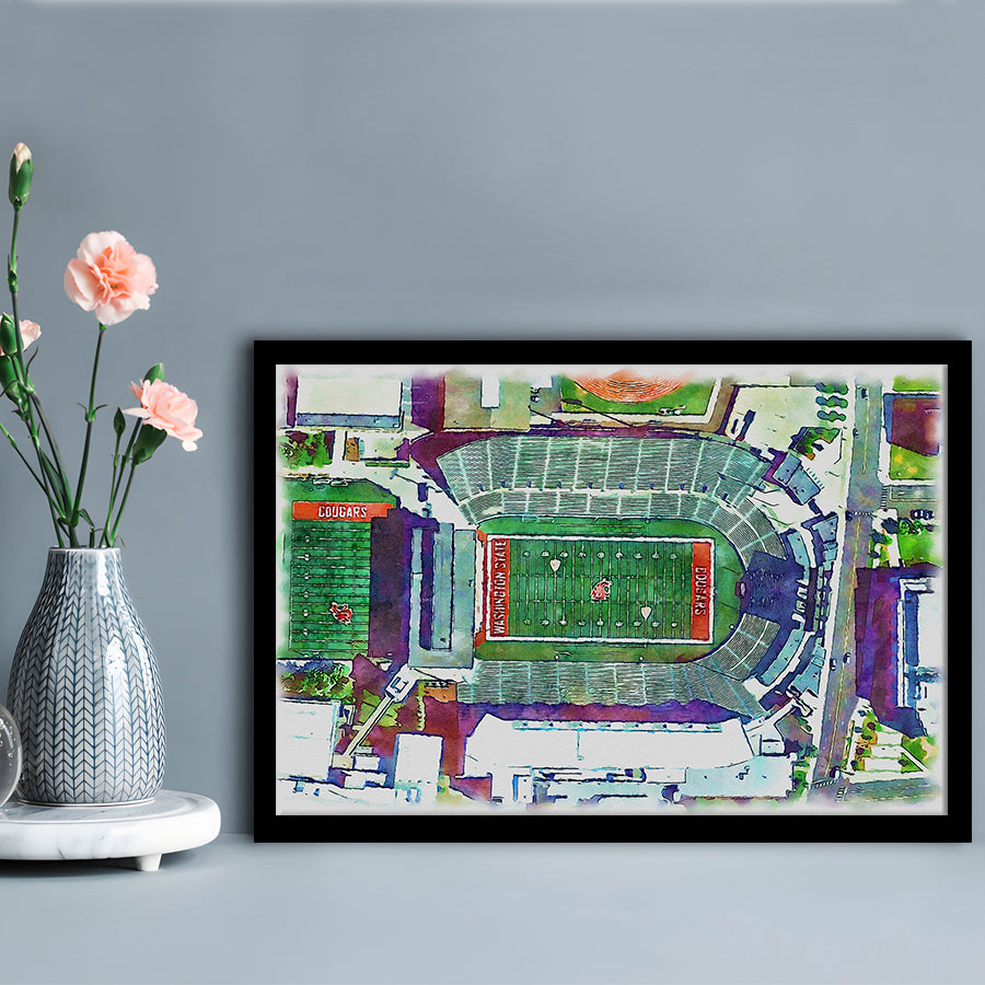 Washington State Cougars, Martin Painting Stadium Watercolor, Sport Gift Art, Framed Art Print Wall Decor