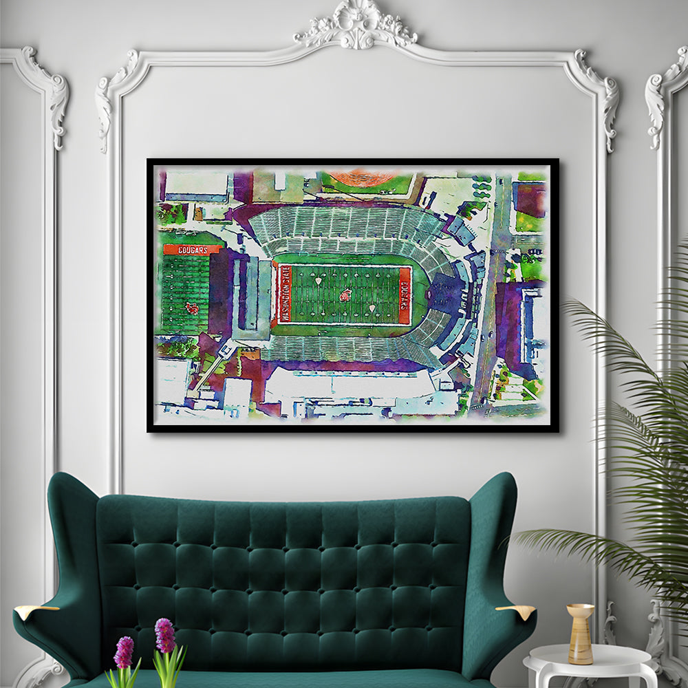 Washington State Cougars, Martin Painting Stadium Watercolor, Sport Gift Art, Framed Art Print Wall Decor