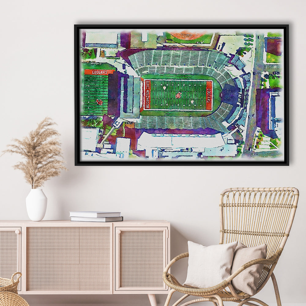 Washington State Cougars, Martin Painting Stadium Watercolor, Sport Gift Art, Framed Canvas Print Wall Art