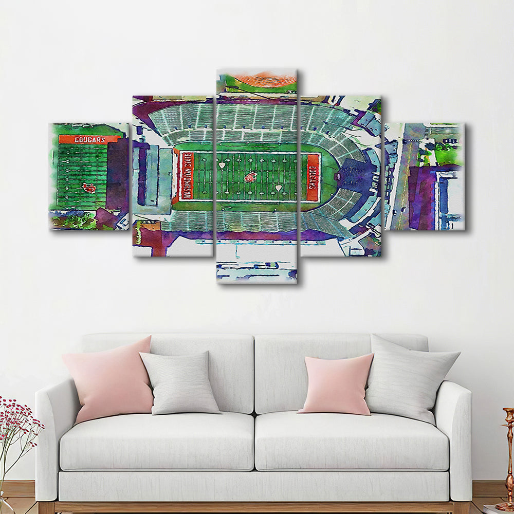 Washington State Cougars, Martin Painting Stadium Watercolor, Sport Art, Mixed 5 Panel, Canvas Print Wall Art