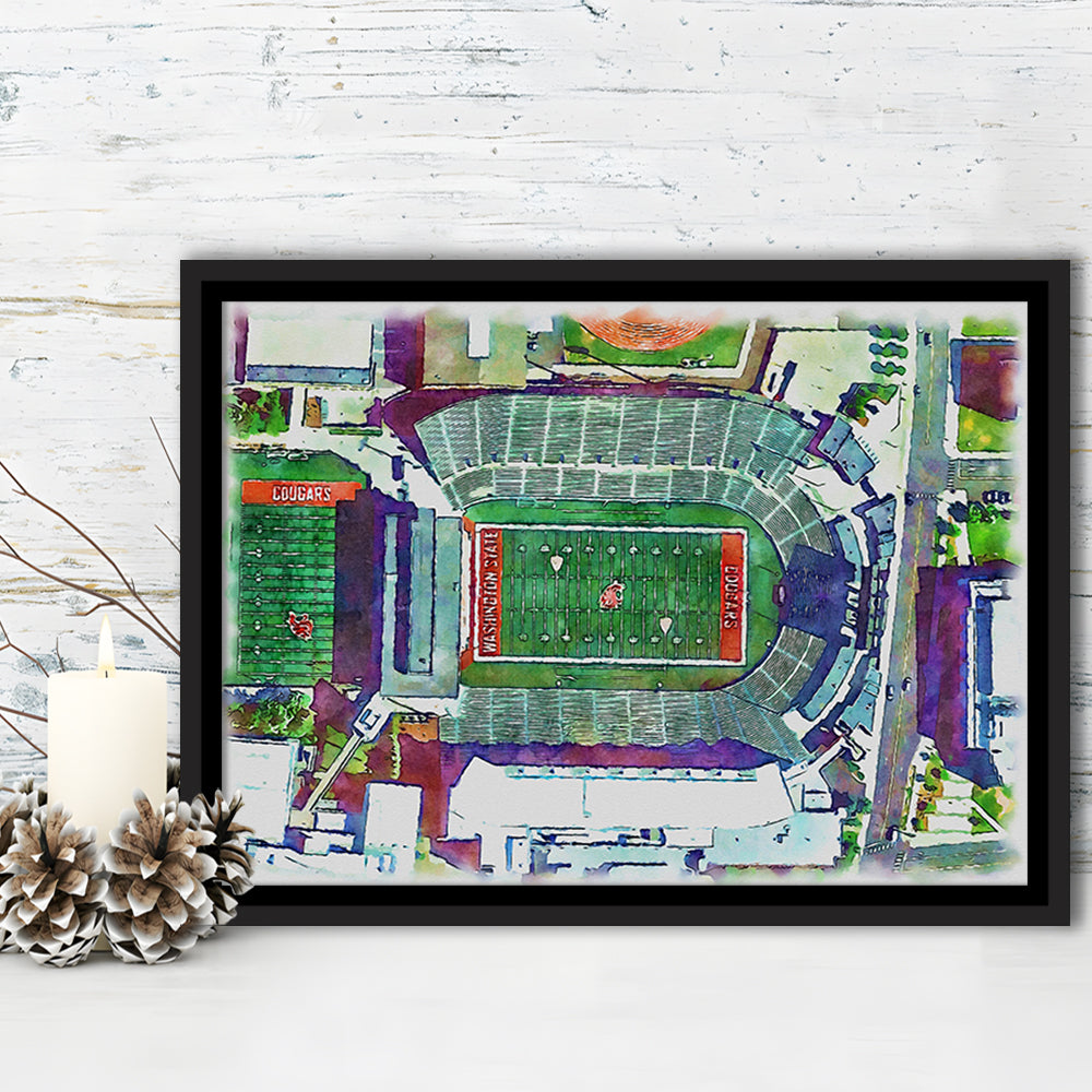 Washington State Cougars, Martin Painting Stadium Watercolor, Sport Gift Art, Framed Canvas Print Wall Art