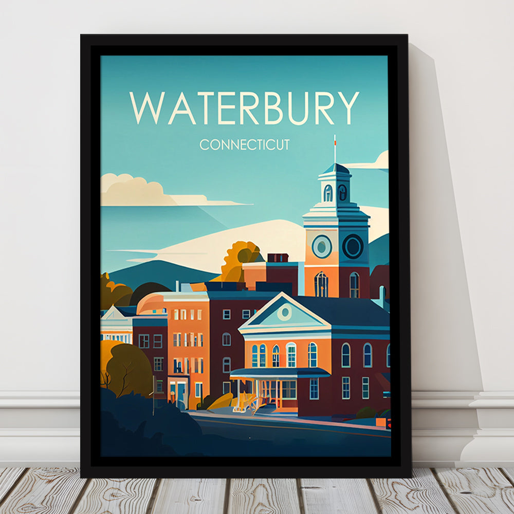 Waterbury Connecticut Retro Art Print, Waterbury City Wall Art, Floating Framed Canvas Print, Framed Picture, Painting Canvas