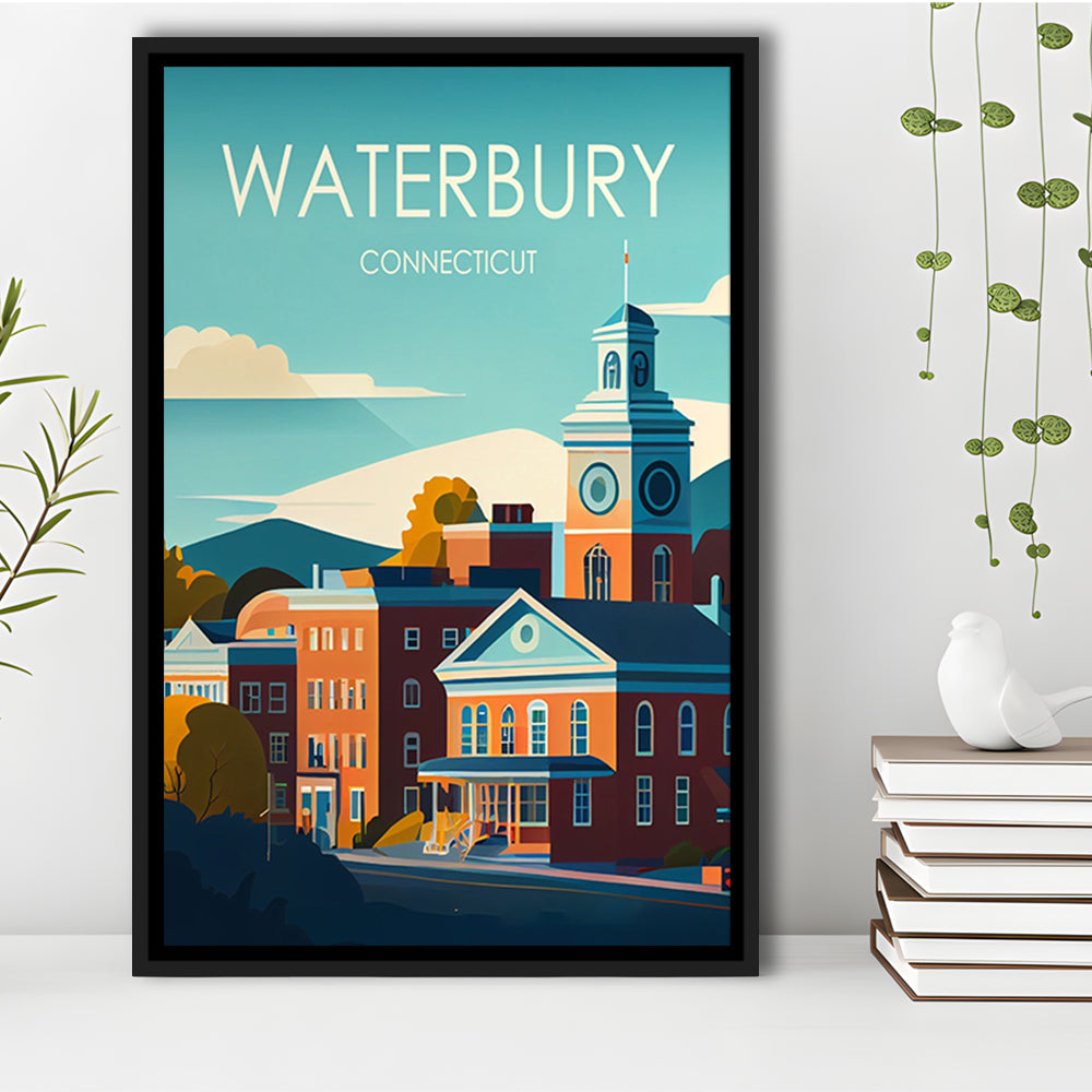 Waterbury Connecticut Retro Art Print, Waterbury City Wall Art, Floating Framed Canvas Print, Framed Picture, Painting Canvas