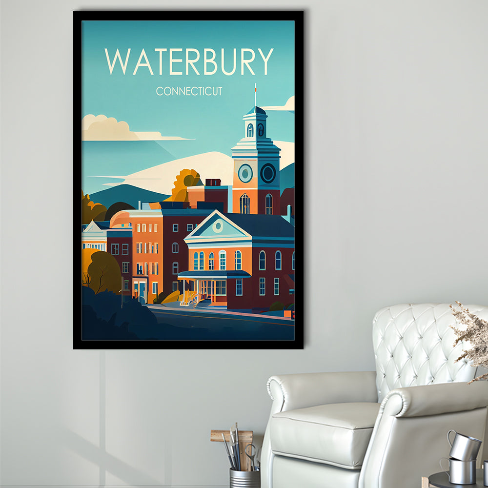 Waterbury Connecticut Retro Art Print, Waterbury City Wall Art, Framed Art Print, Picture Framed, Painting Art