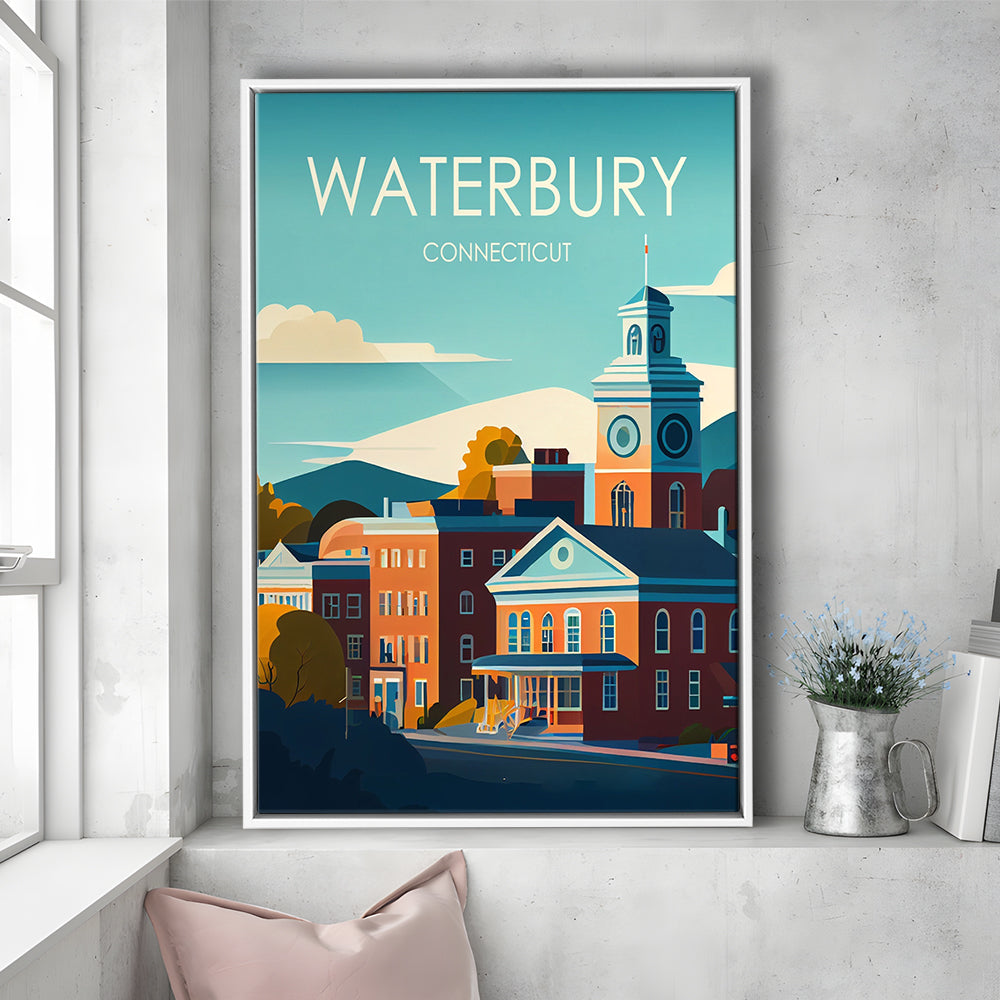 Waterbury Connecticut Retro Art Print, Waterbury City Wall Art, Floating Framed Canvas Print, Framed Picture, Painting Canvas