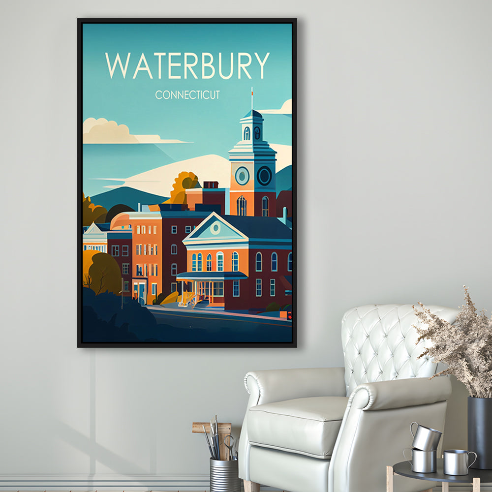 Waterbury Connecticut Retro Art Print, Waterbury City Wall Art, Floating Framed Canvas Print, Framed Picture, Painting Canvas